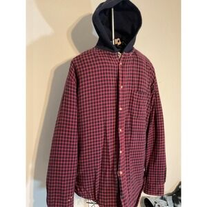 Rugged Point Mens Red Navy Plaid Hooded Flannel Shirt Jacket Quilted Lining M